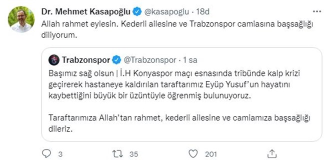 Bakan Kasapoğlu'ndan Trabzonsporlu taraftar için başsağlığı mesajı
