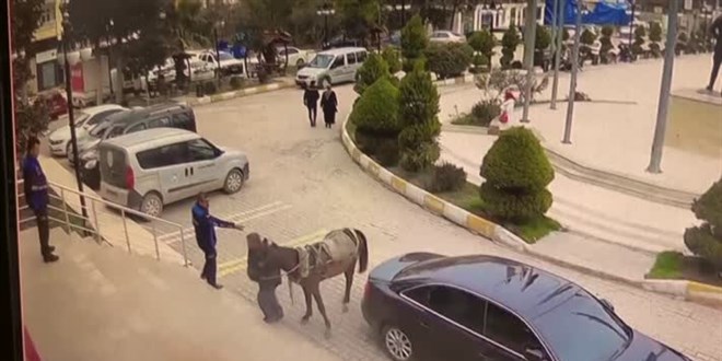 At arabasına el konulan kişi atıyla belediyeye girmeye çalıştı