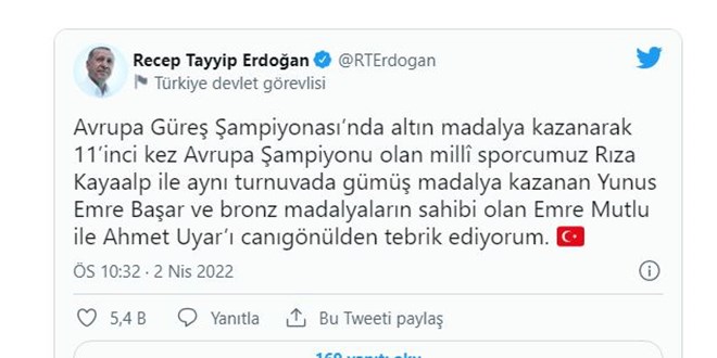 Erdoğan, Avrupa şampiyonu Kayaalp'i tebrik etti