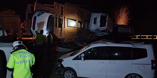Sıfır kilometre hafif ticari araçları taşıyan tır devrildi