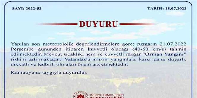 Bursa Valiliğinden orman yangını uyarısı