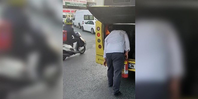 Otobüsün yanan motorunu üfleyerek söndürmeye çalıştı