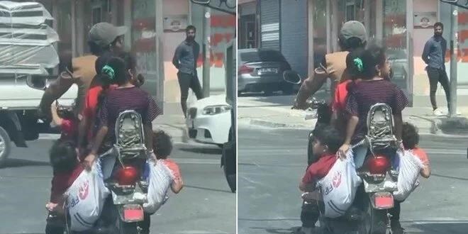 6 kişinin bindiği motosiklette çocuklar çuvalla taşındı