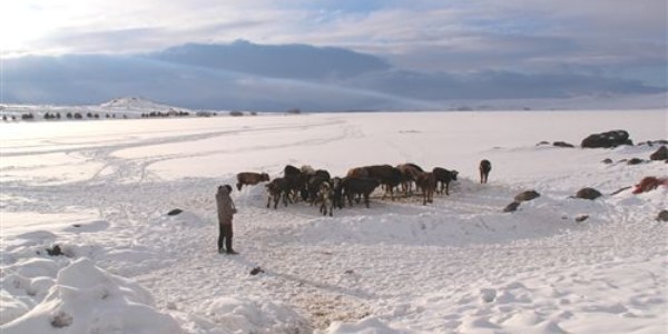 Donan gölü kırarak hayvanlarını suluyorlar