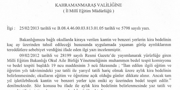 Okul kantin kira bedeli hakkında görüş yazısı