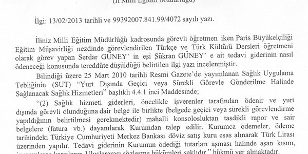 Yurt dışı tedavi giderleri hakkında görüş yazısı