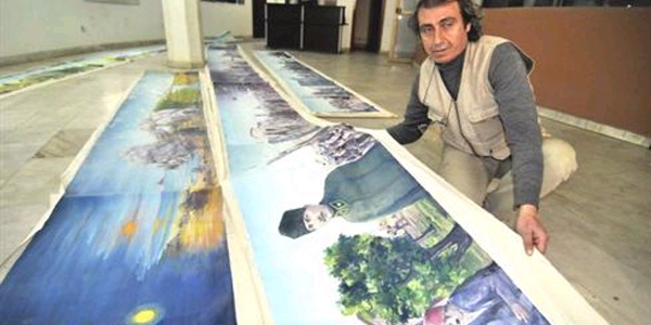Mersinli ressam, 70 metrelik tualde insanlık tarihini anlattı
