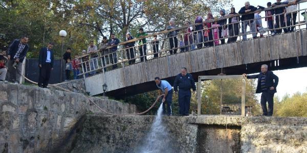 Kuruyan çaydaki balıklara itfaiye suyu