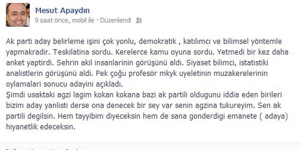 Eski Başkan Aydın'ın Facebook'taki paylaşımı günün konusu oldu
