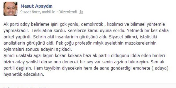 Eski Bakan Aydn'n Facebook'taki paylam gnn konusu oldu