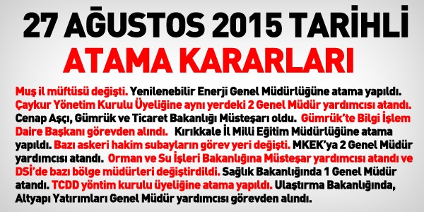 27 Austos 2015 tarihli atama kararlar