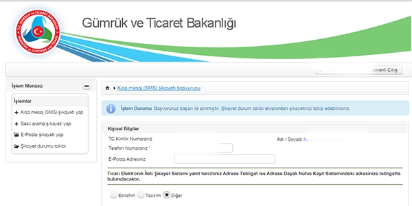 Reklam SMS'ini şikayet sayfasındaki eksiklik