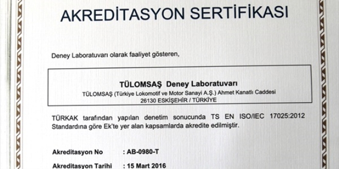 TÜLOMSAŞ Deney Laboratuvarı tescillendi