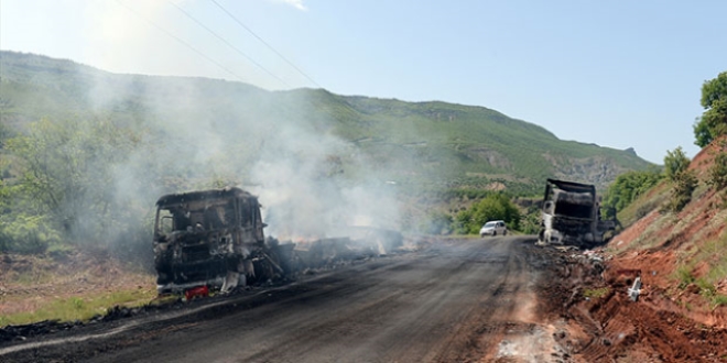 Tunceli'de teröristler yol kesip 2 tırı yaktı
