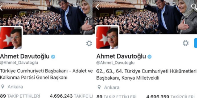 Davutoğlu, Twitter'dan ünvanlarını kaldırdı