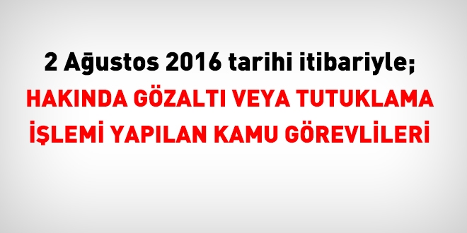2 Ağustos 2016 itibariyle hakkında işlem yapılan kamu görevlileri