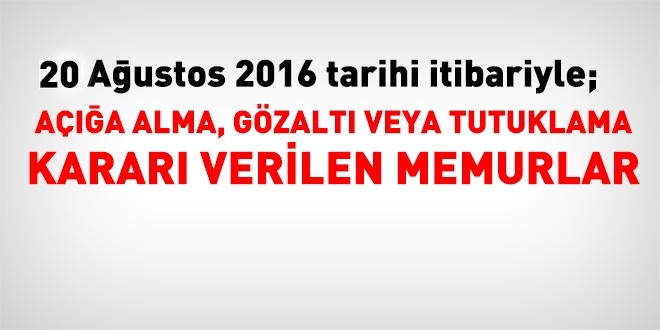 20 Ağustos 2016 tarihi itibariyle haklarında işlem yapılan kamu personeli