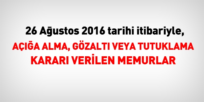 26 Ağustos 2016 tarihi itibariyle haklarında işlem yapılan kamu personeli