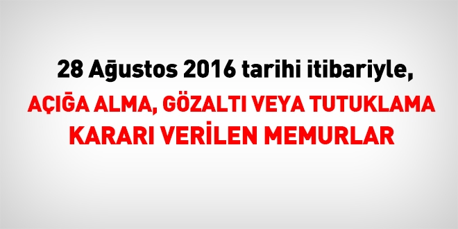 28 Ağustos 2016 tarihi itibariyle haklarında işlem yapılan kamu personeli