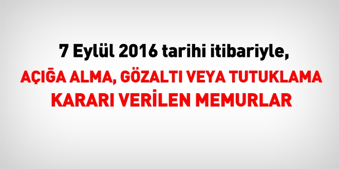 7 Eylül 2016 tarihi itibariyle haklarında işlem yapılan kamu personeli