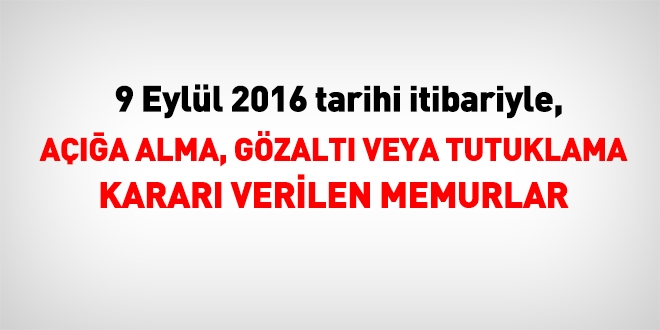 9 Eylül 2016 tarihi itibariyle haklarında işlem yapılan kamu personeli