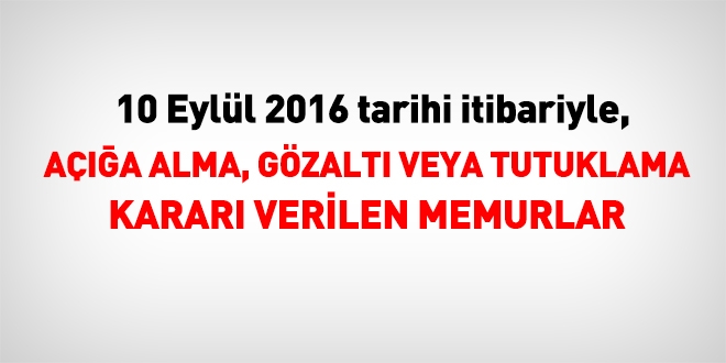 10 Eylül 2016 tarihi itibariyle haklarında işlem yapılan kamu personeli