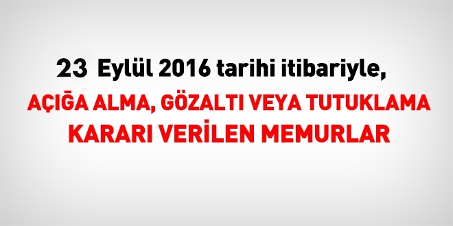 23 Eylül 2016 tarihi itibariyle haklarında işlem yapılan kamu personeli
