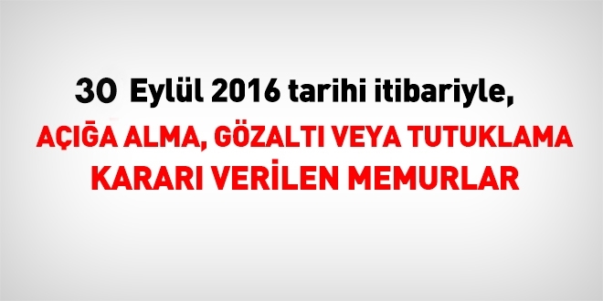 30 Eylül 2016 tarihi itibariyle haklarında işlem yapılan kamu personeli