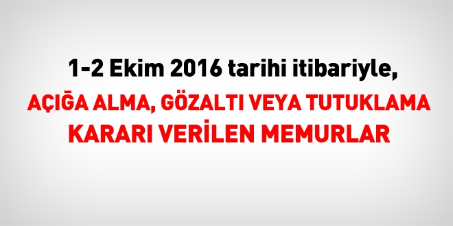 1-2 Ekim 2016 tarihi itibariyle haklarında işlem yapılan kamu personeli