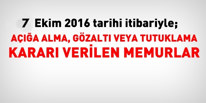 7 Ekim 2016 tarihi itibariyle haklarnda ilem yaplan kamu personeli