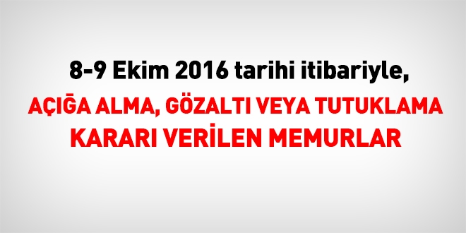 8-9 Ekim 2016 tarihi itibariyle haklarında işlem yapılan kamu personeli