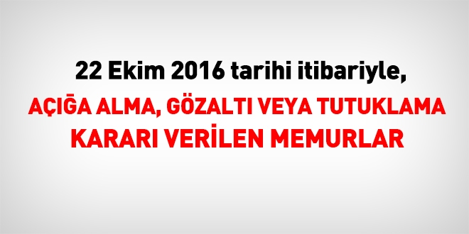 22 Ekim 2016 tarihi itibariyle haklarında işlem yapılan kamu personeli