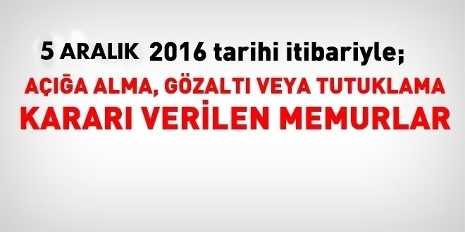 5 Aralk 2016 tarihi itibariyle haklarnda ilem yaplan kamu personeli