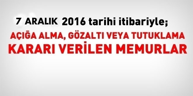 7 Aralık 2016 tarihi itibariyle haklarında işlem yapılan kamu personeli