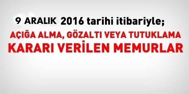 9 Aralık 2016 tarihi itibariyle haklarında işlem yapılan kamu personeli