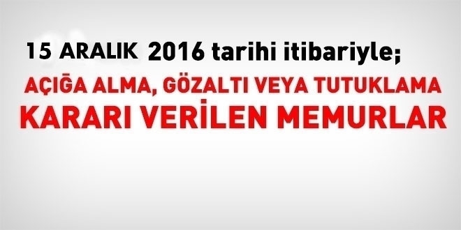 15 Aralık 2016 tarihi itibariyle haklarında işlem yapılan kamu personeli