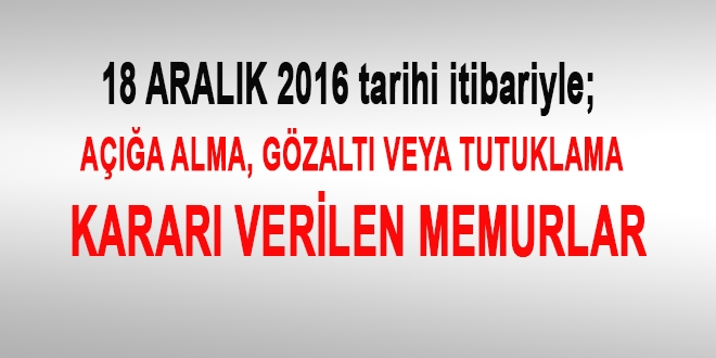 18 Aralık 2016 tarihi itibariyle haklarında işlem yapılan kamu personeli