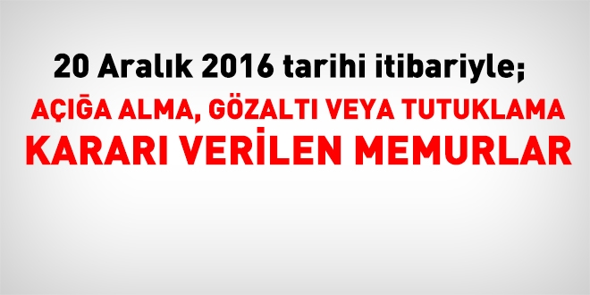 20 Aralık 2016 tarihi itibariyle haklarında işlem yapılan kamu personeli
