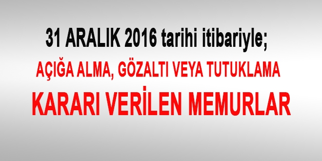 31 Aralık 2016 tarihi itibariyle haklarında işlem yapılan kamu personeli