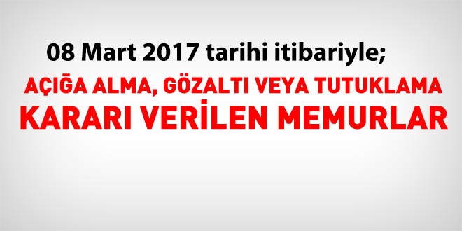 08 Mart 2017 tarihi itibariyle haklarında işlem yapılan kamu personeli
