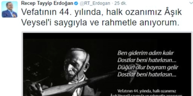Cumhurbaşkanı Erdoğan'dan Aşık Veysel mesajı