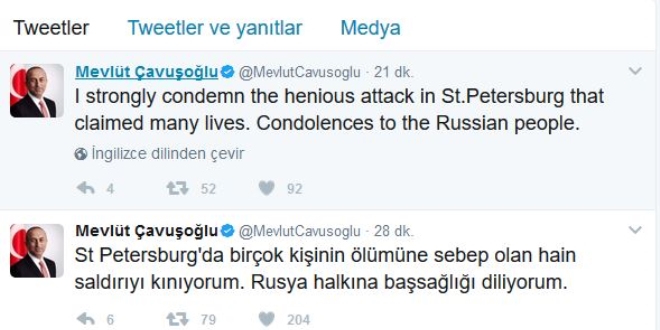 Bakan Çavuşoğlu'ndan Rusya'ya taziye mesajı