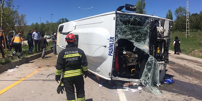 Erzurum'da zel halk otobs devrildi: 1 l, 15 yaral