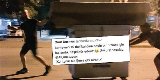 Kanepeyi çöp konteyneriyle taşıyıp belediyeye teşekkür ettiler
