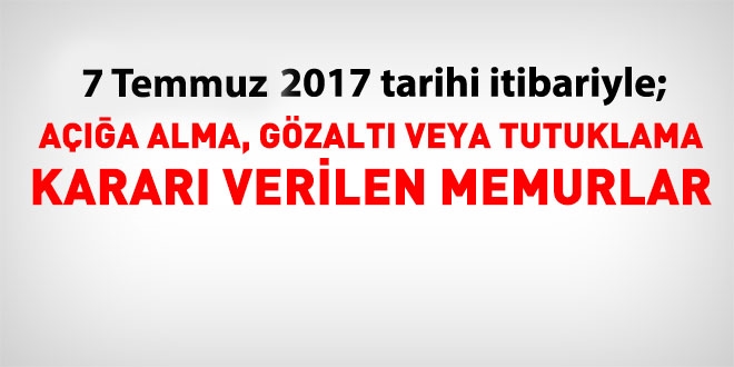 7 Temmuz 2017 tarihi itibariyle haklarında işlem yapılan kamu personeli