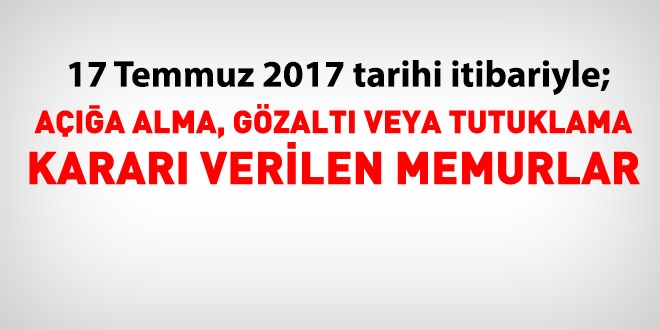 17 Temmuz 2017 tarihi itibariyle haklarında işlem yapılan kamu personeli