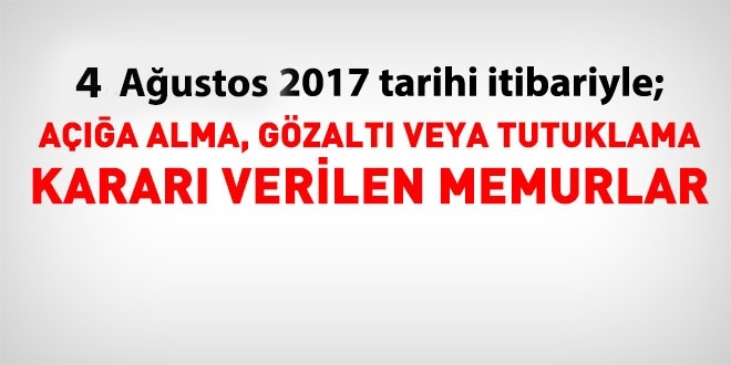 4 Austos 2017 tarihi itibariyle haklarnda ilem yaplan kamu personeli