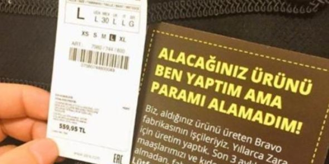 İşçiler ürettikleri ürünlerin üzerine etiketle derdini anlatmaya çalışıyor