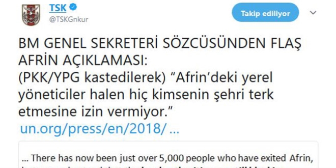 TSK, Dujarric'in Afrin'e ilikin aklamasn paylat