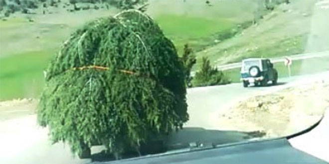 Aşırı yük yüklenen otomobil görenleri şaşkına çevirdi